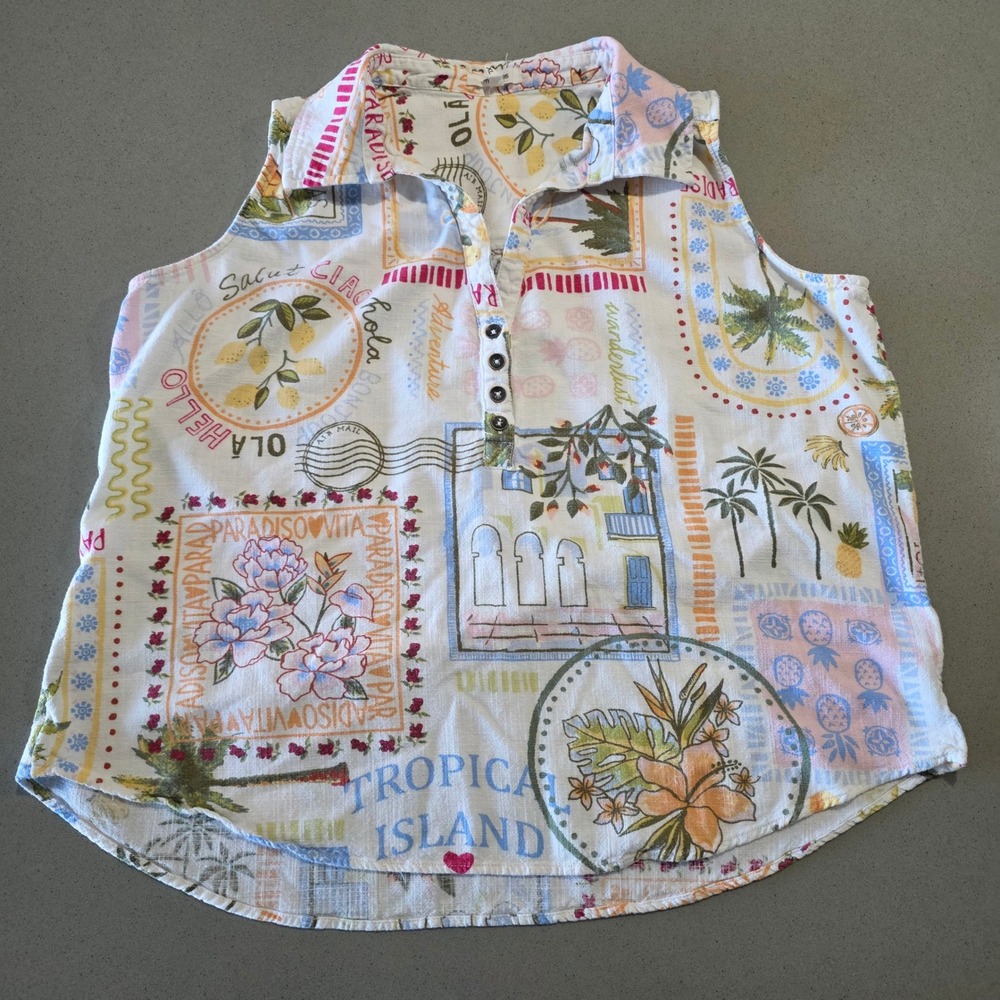 Seven Waves‎ Tropical Postcard Print Sleeveless Linen Blend Button Top XL